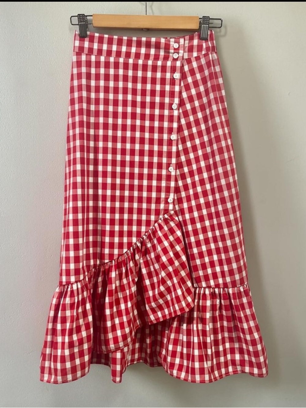 Zara Red and White Gingham High-Low Ruffle Skirt